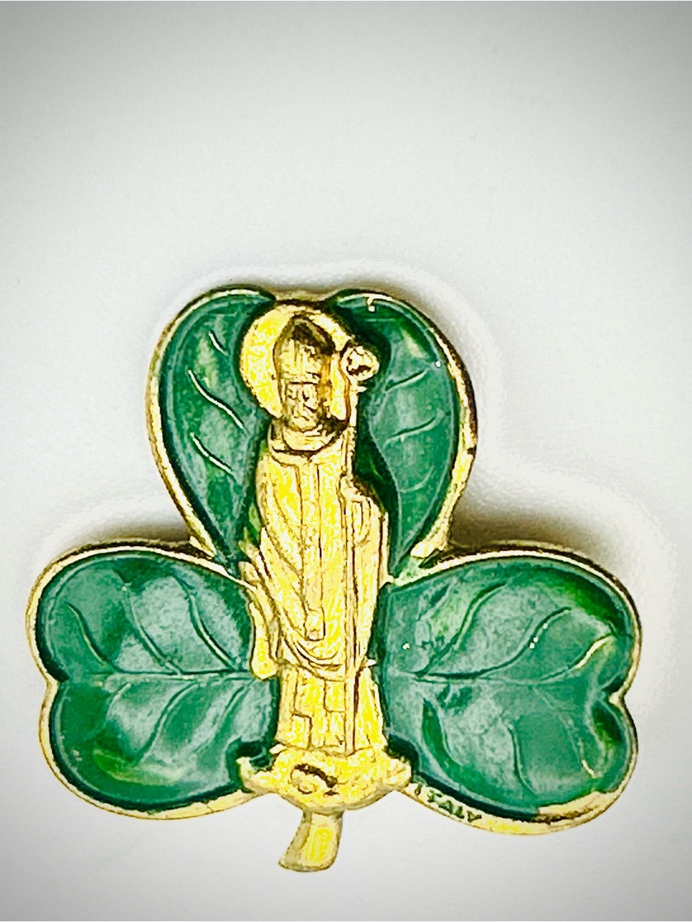 Vintage Catholic St. Patrick Green Enamel Clover Silver Pewter Tone Pin Italy